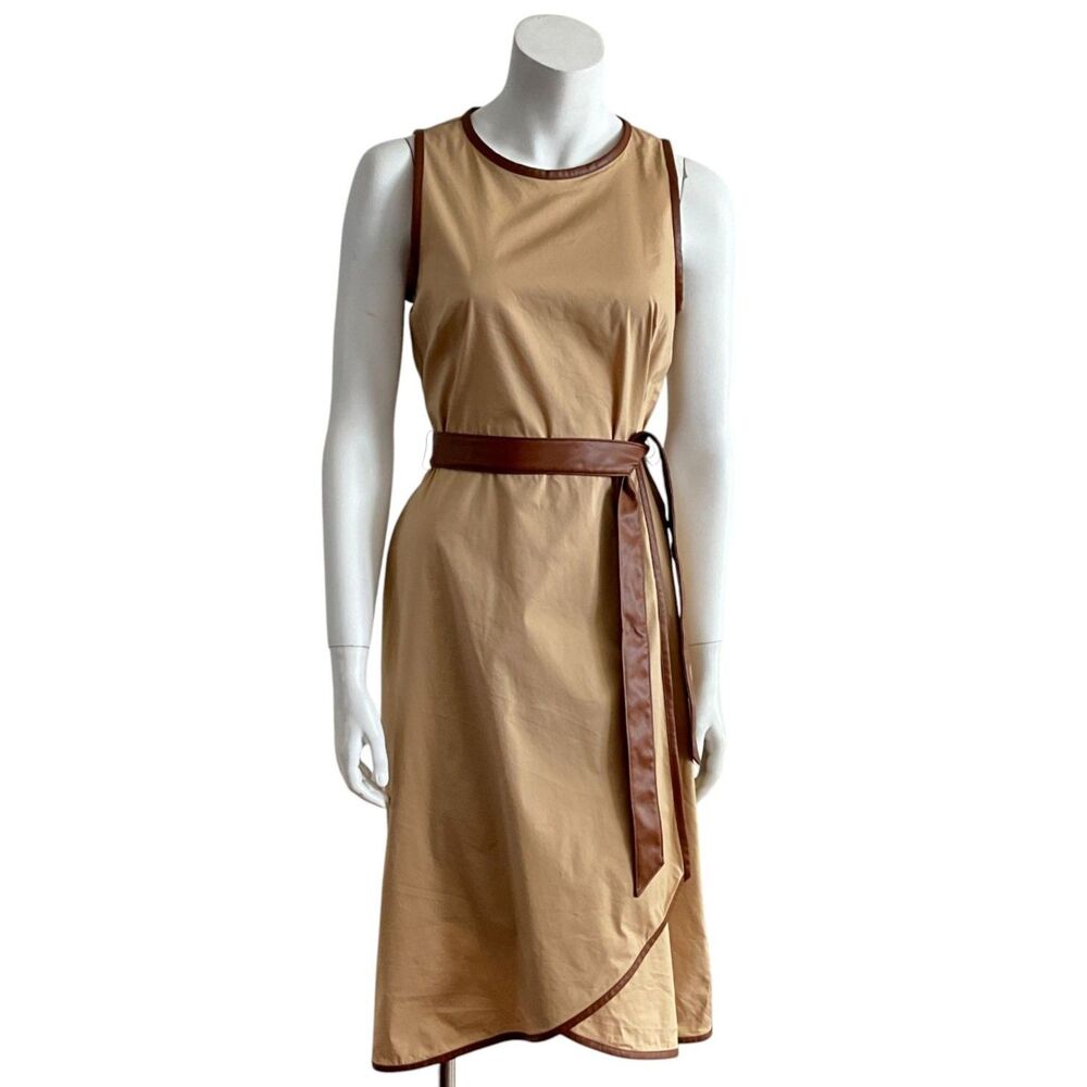 New DKNY Midi Sleeveless Faux Wrap Dress Tan Brown 6 - Picture 2 of 10